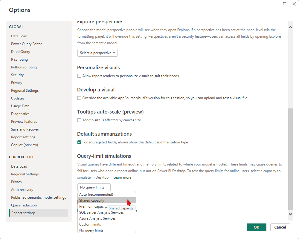 The Power BI Desktop Options dialog showing the Query-limit simulations section under Report settings.